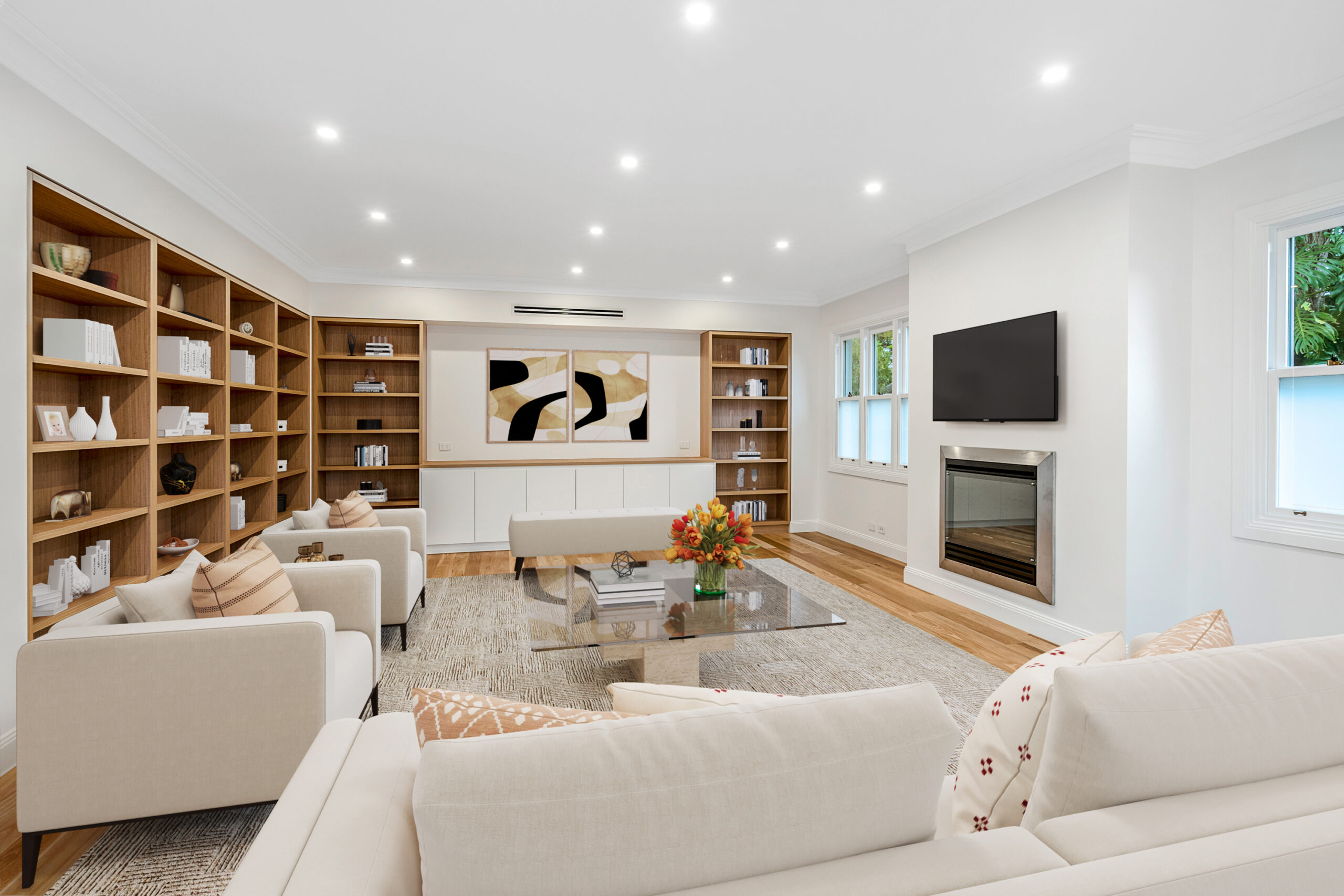 Hamptons-style living room featuring neutrals and luxury textures.