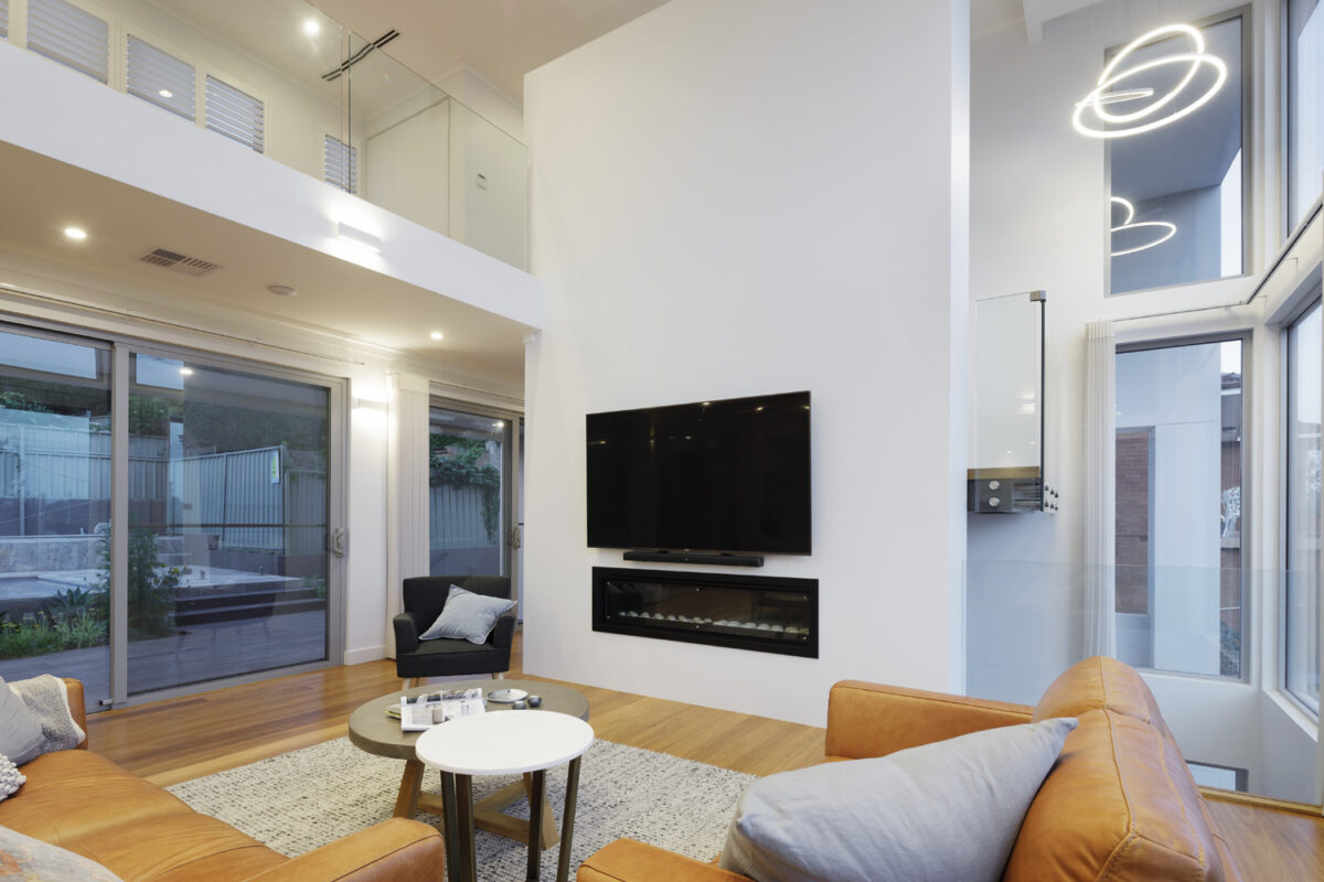 Brookvale Modern: living area with dramatic high ceilings