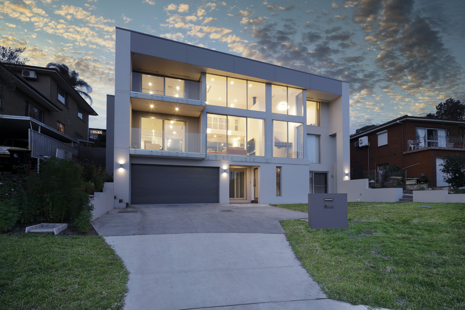 Brookvale Modern: Front facade at dusk
