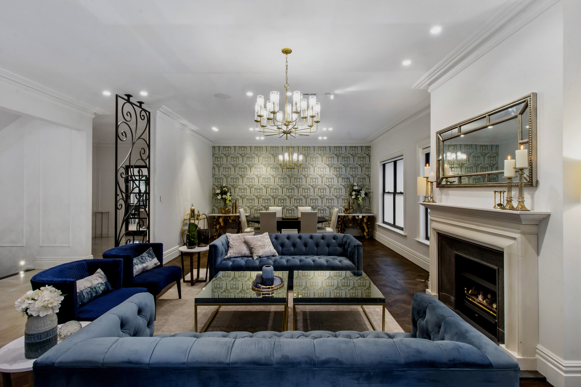 Oatlands Neo-Classical: Living area replete with fireplace