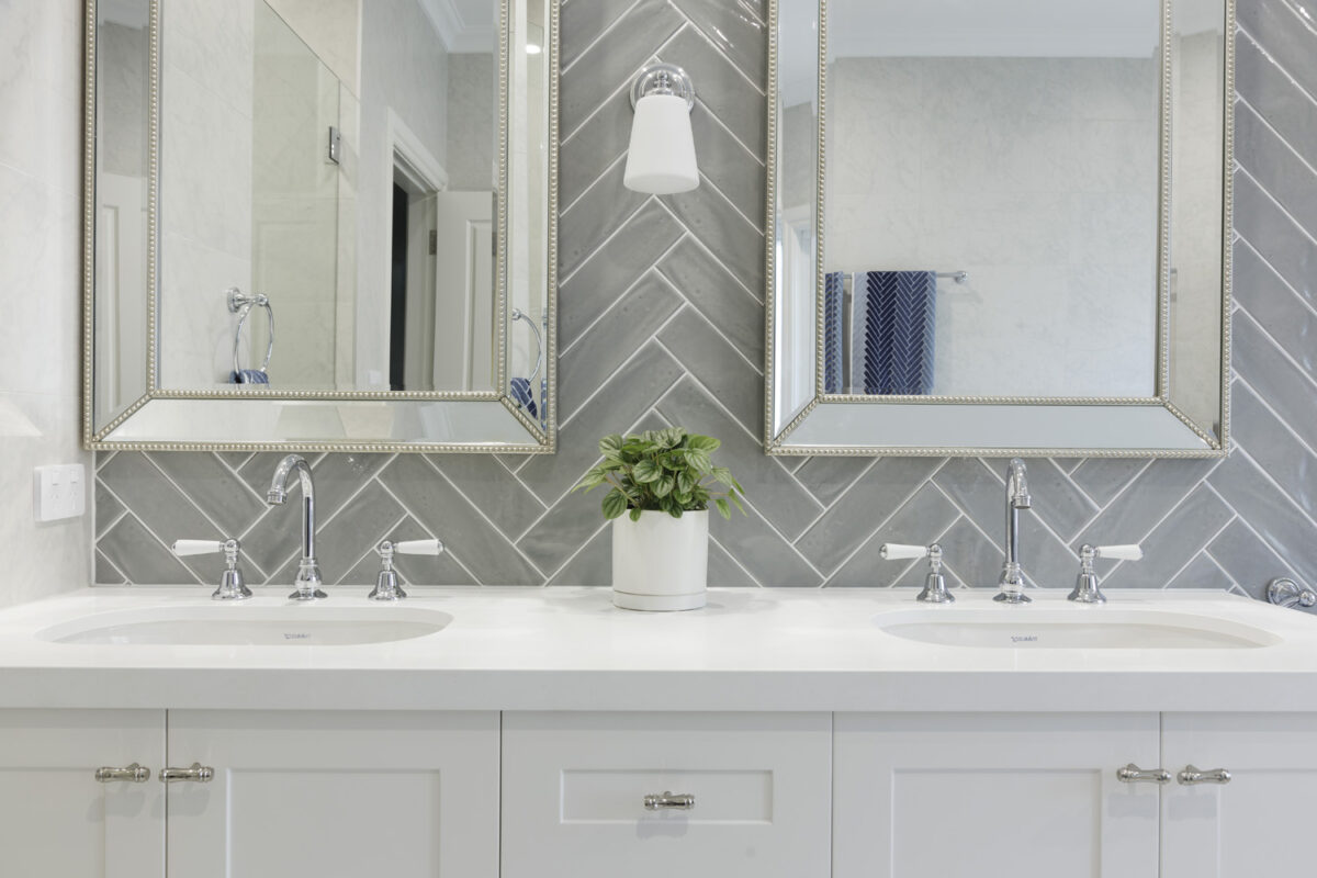 Willoughby Traditional Hamptons: herringbone tile bathroom double sink