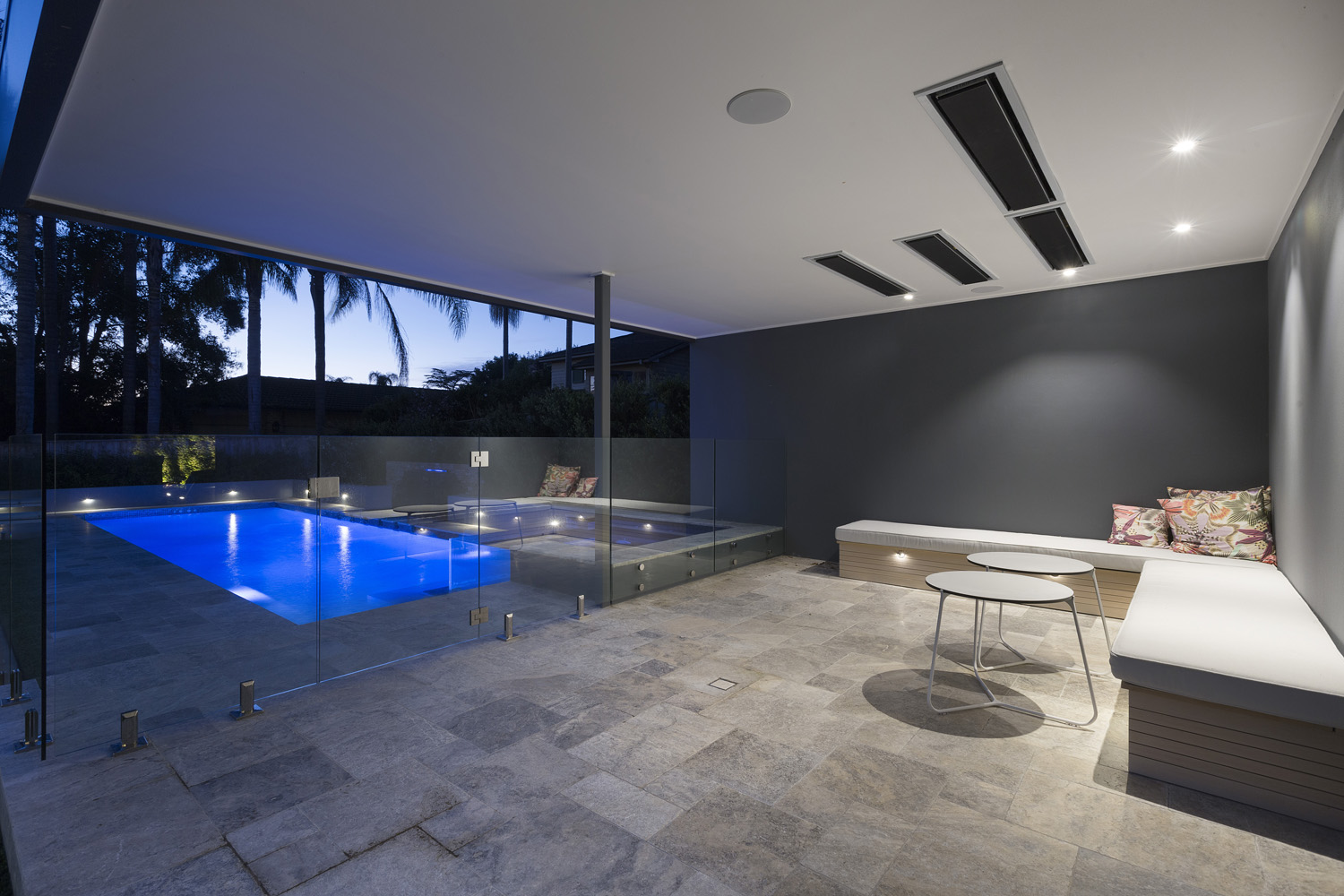 St Ives Mediterranean: outdoor area looking onto pool at dusk