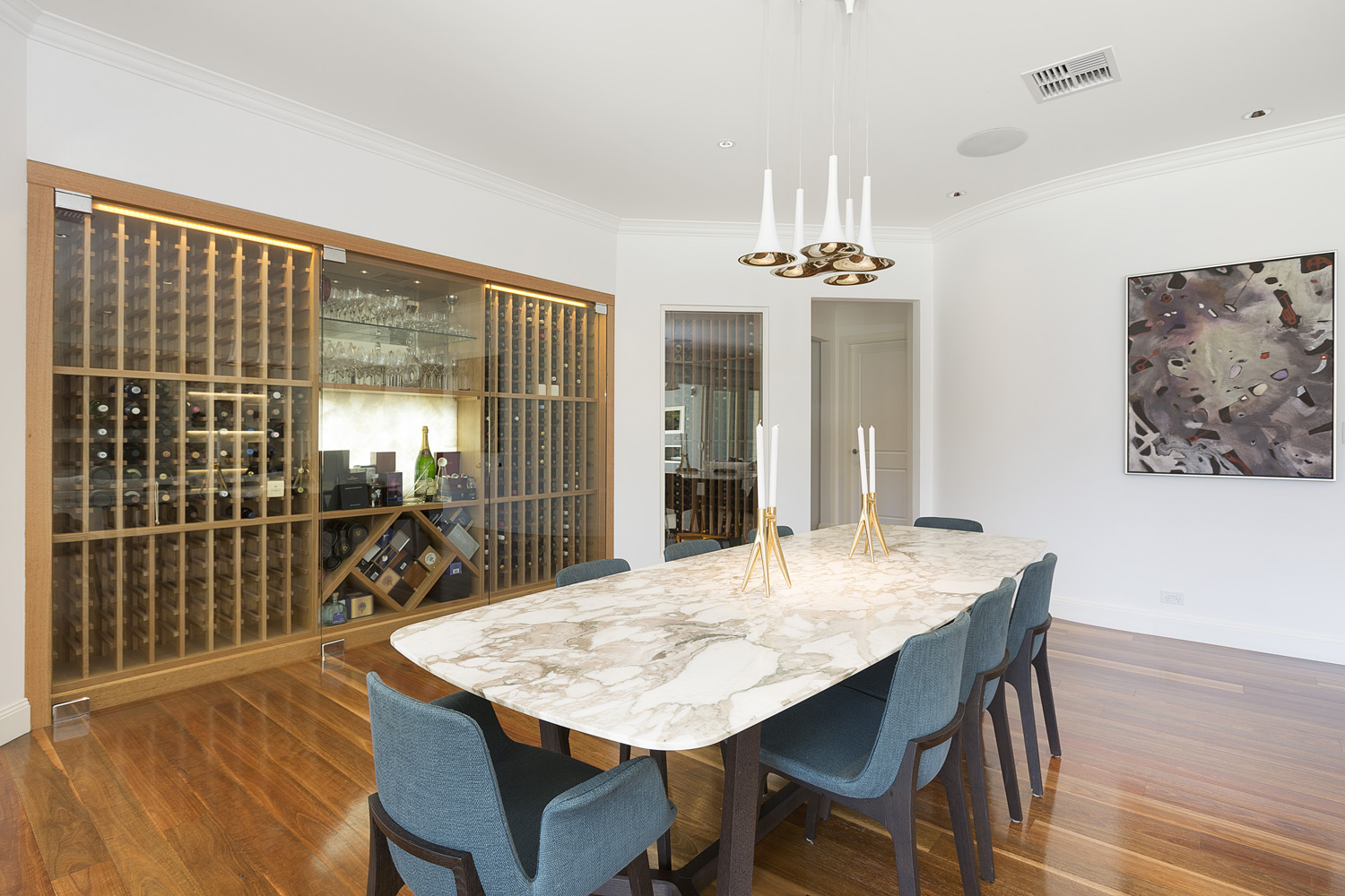 St Ives Mediterranean: dining area with view of glass wine cellar