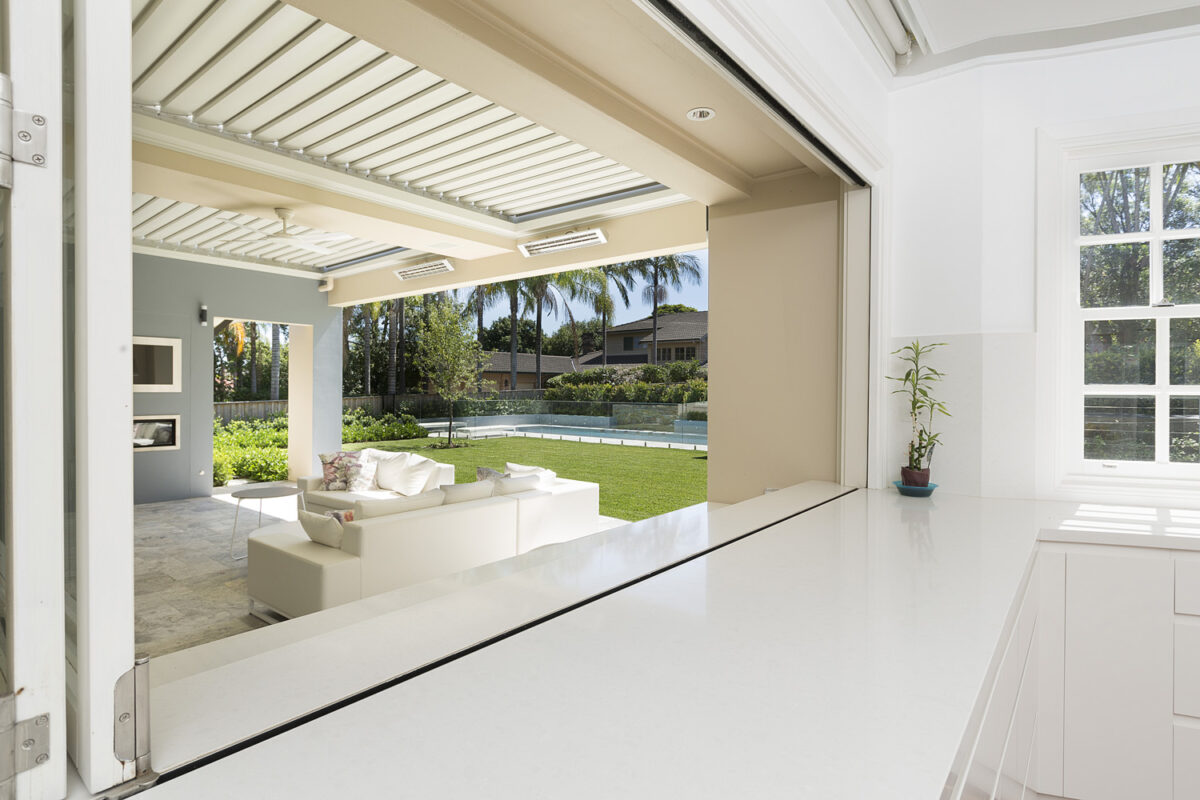 St Ives Mediterranean: view from servery window to outdoor living